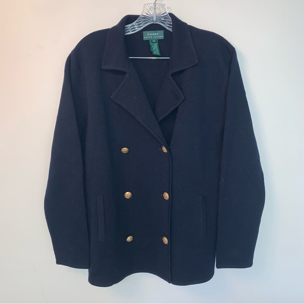 Lauren Ralph Lauren Navy Merino Wool Knit Double-Breasted Cardigan Blazer M